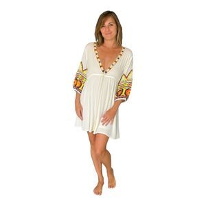 Gauzy Boho Aztec Embroidered Balloon Sleeve Lined White Mini Dress Sz M Pink Owl